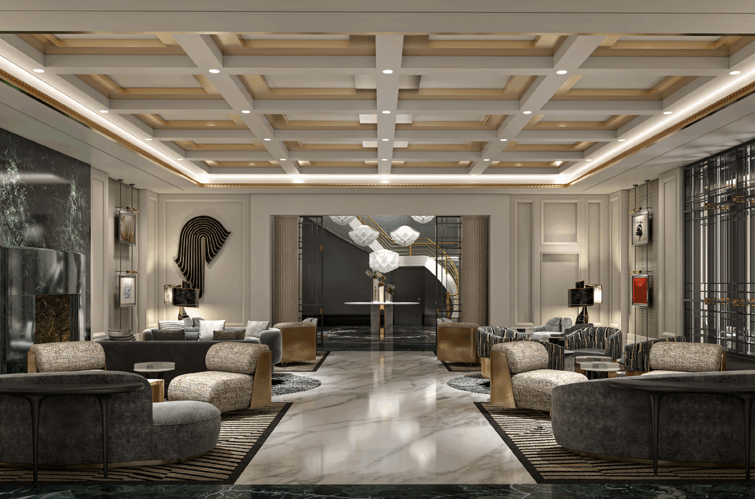Luxurious hotel lobby with plush seating, marble flooring, and intricate ceiling design. Modern art decorates walls. Sophisticated and inviting ambiance.
