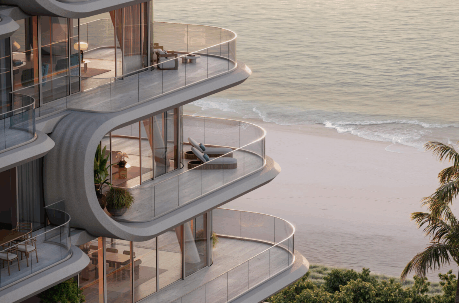 Curved modern balconies overlook a serene beach and calm ocean. Glass railings and cozy furniture evoke relaxation and luxury amidst lush palm trees.
