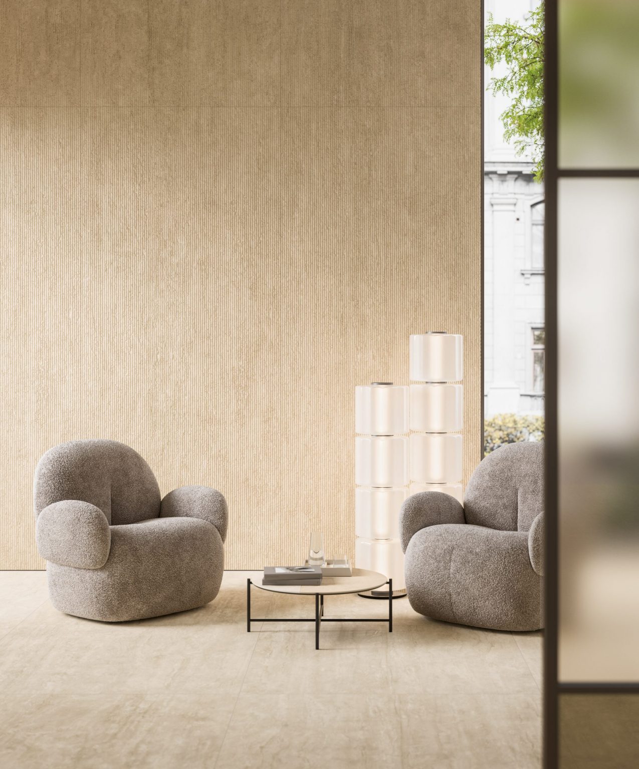 Elegant, minimalist living room with beige tones. Features a plush sofa, modern art, sleek coffee table, dining area, and wall shelves. Calm ambiance.