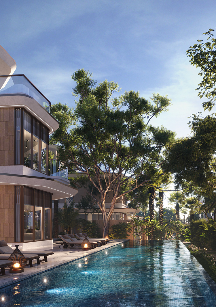 A serene poolside view featuring modern villas surrounded by lush greenery and trees, with sun loungers and soft lighting, creating a tranquil and inviting atmosphere for relaxation.