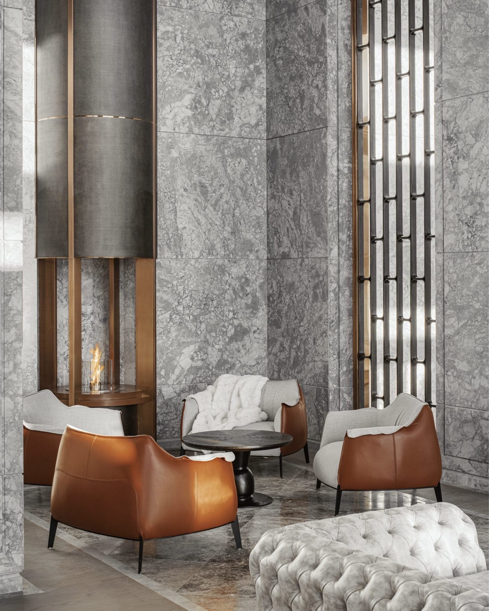Luxurious resort lobby with modern design. Marble walls, elegant chandeliers, brown leather chairs, and cozy beige couches create a warm, sophisticated ambiance.