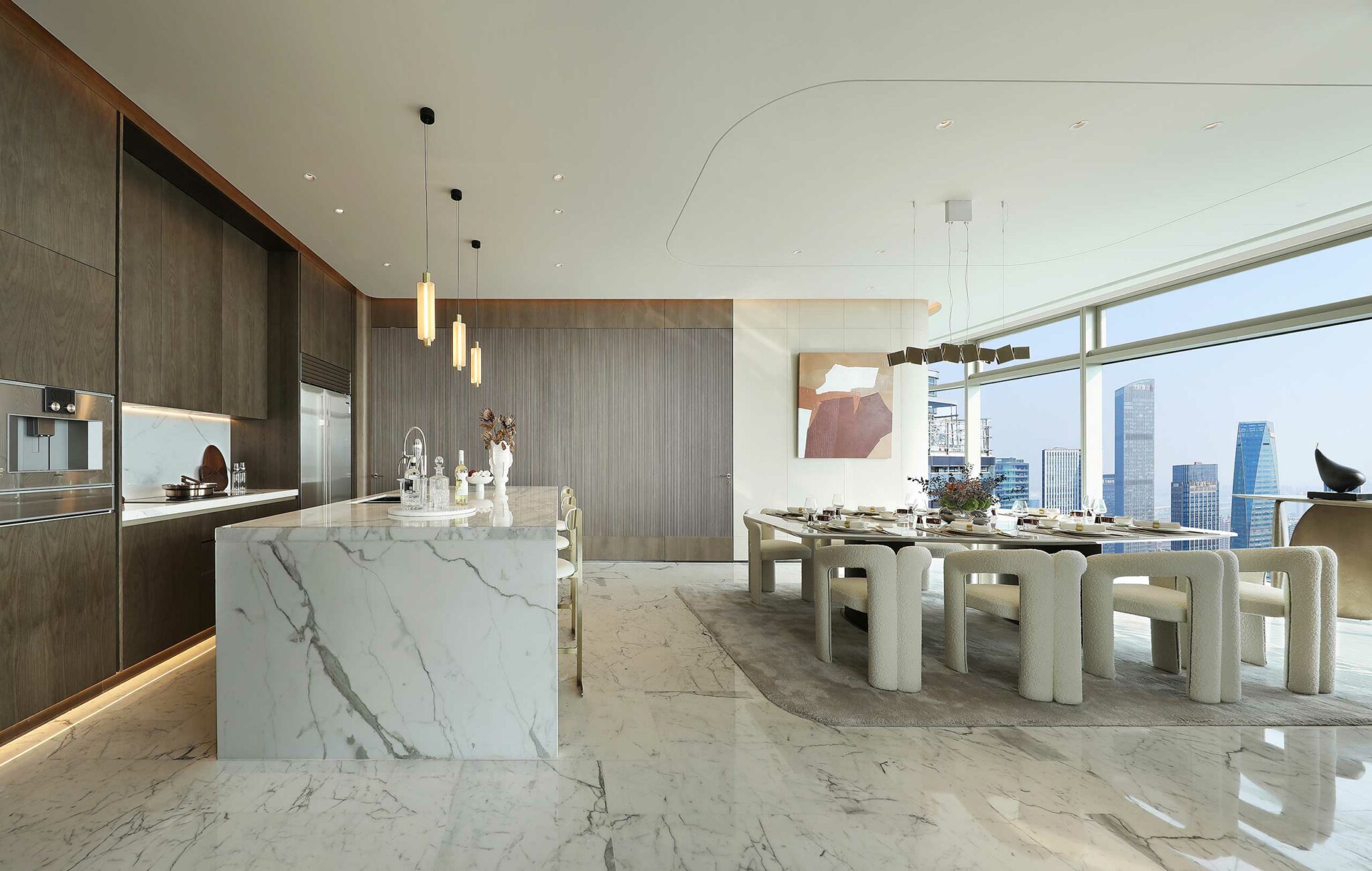 Luxurious kitchen and dining area with marble floors and island, wooden cabinets, pendant lights, and a city view through large windows. Elegant and modern.