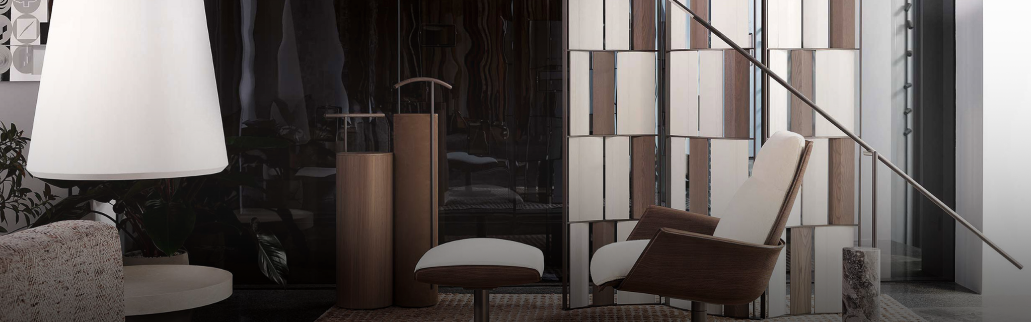 Elegant modern living room featuring a white and brown armchair with matching ottoman on a patterned rug. A three-panel room divider with vertical beige and brown panels arranged in an alternating pattern adds style. Its metal frame gives an extra touch of modern, elegant look.