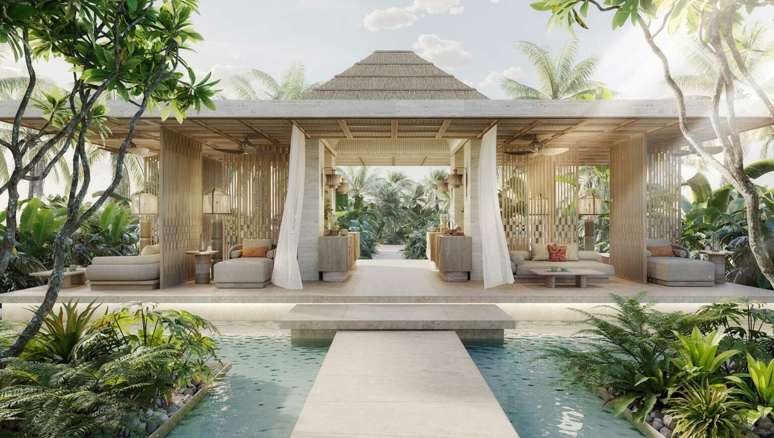 Tropical open-air pavilion of a luxury resort with a thatched roof and wooden decor, set amidst lush greenery. A tranquil water feature leads to the serene space.