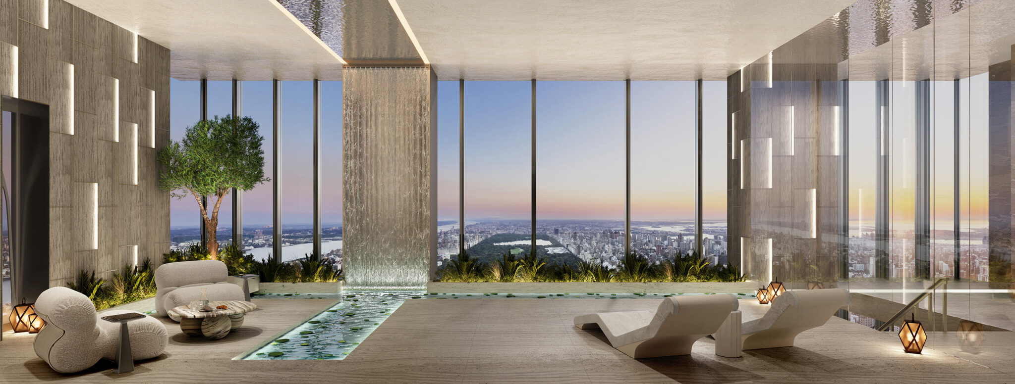 Luxurious lounge room with a sleek waterfall feature, indoor pool, and modern lounge chairs. Large windows offer a stunning cityscape and sunset view. Relaxing ambiance.