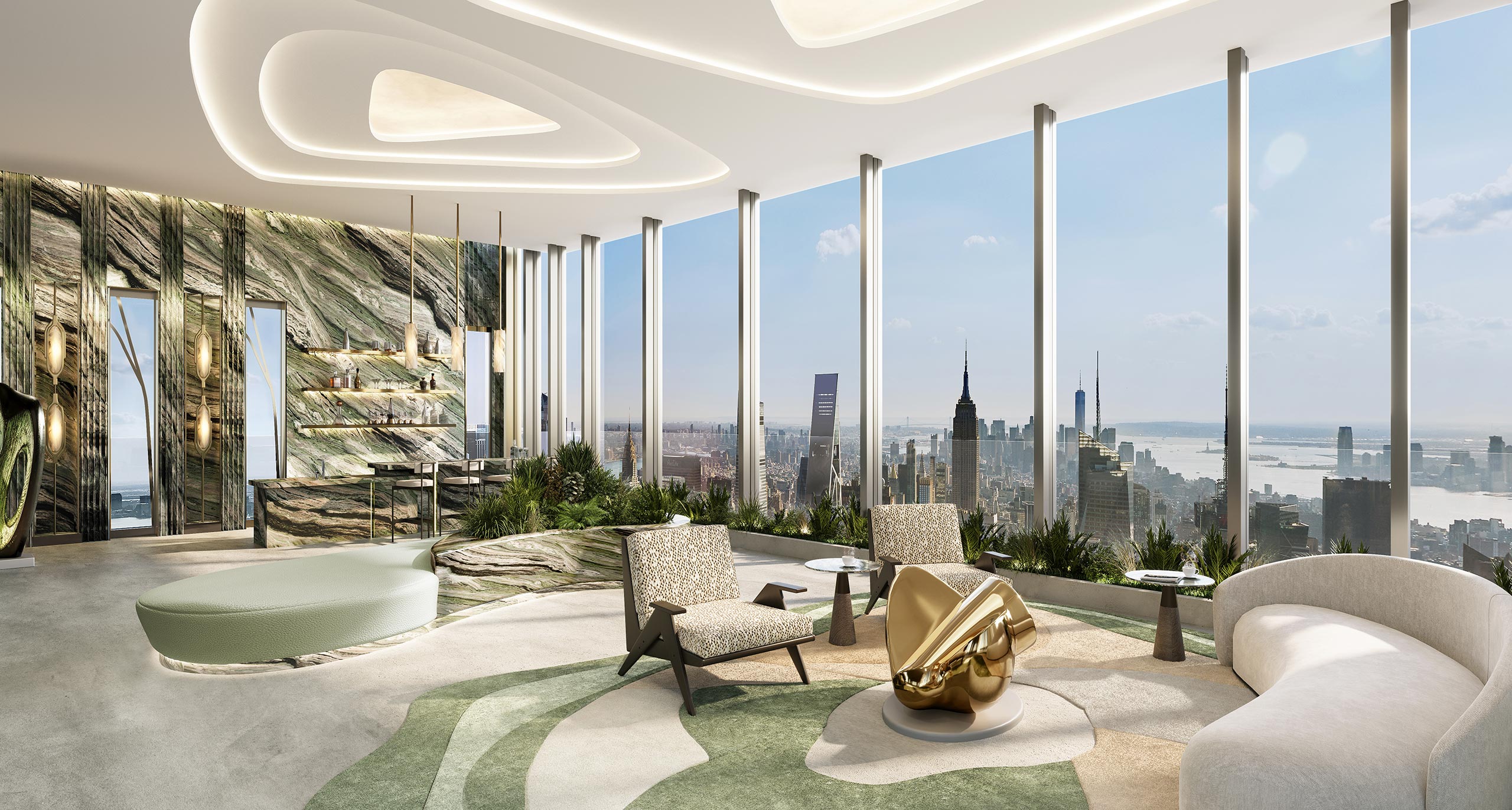 A modern luxury lounge with marble accents and large windows showing a city skyline. Plush seating and abstract decor create an elegant atmosphere.