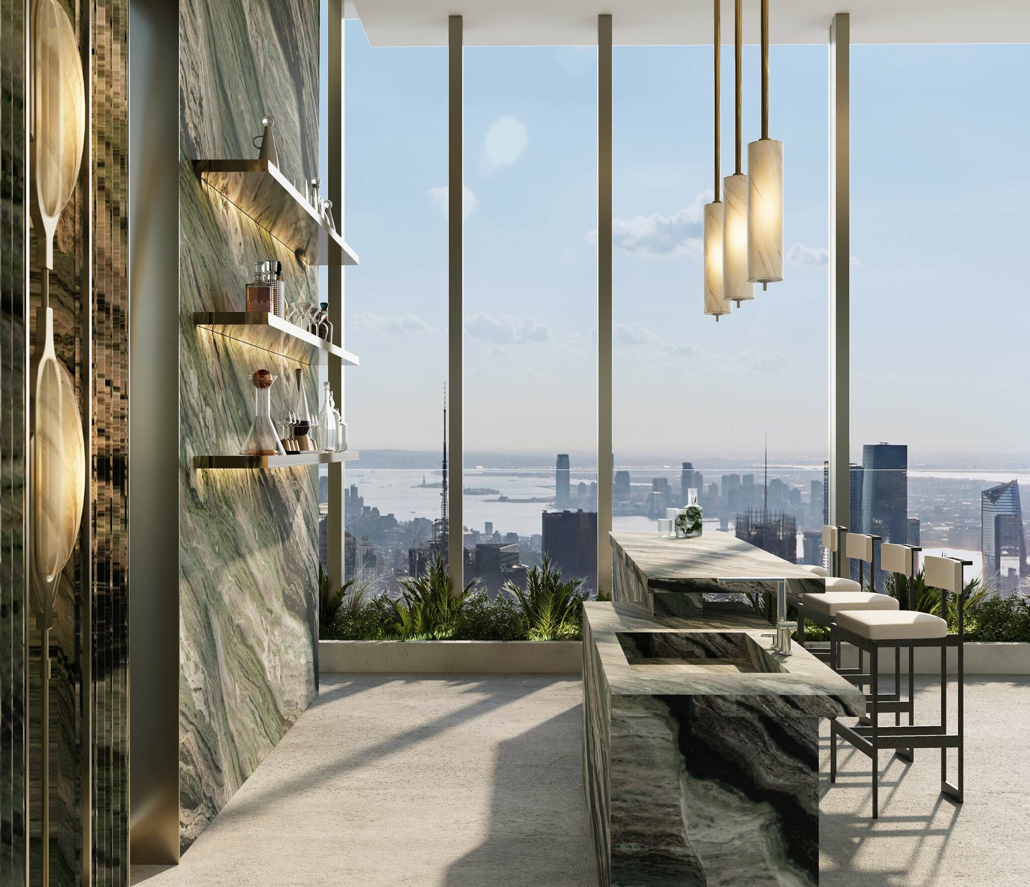 Luxurious modern interior with marble kitchen island, pendant lights, and wall shelves. Large windows offer a panoramic cityscape view and skyline.