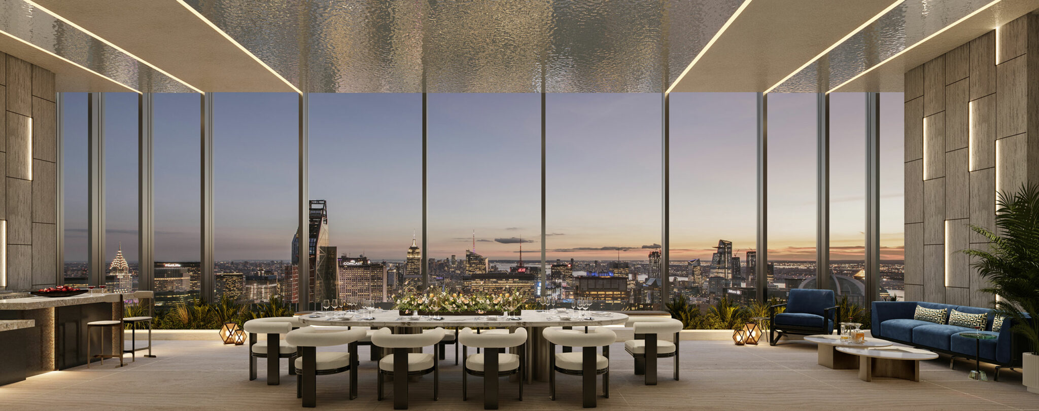 Luxurious dining room with panoramic floor-to-ceiling windows showcasing a city skyline at sunset. Elegant table setup and modern decor create a serene, sophisticated atmosphere.