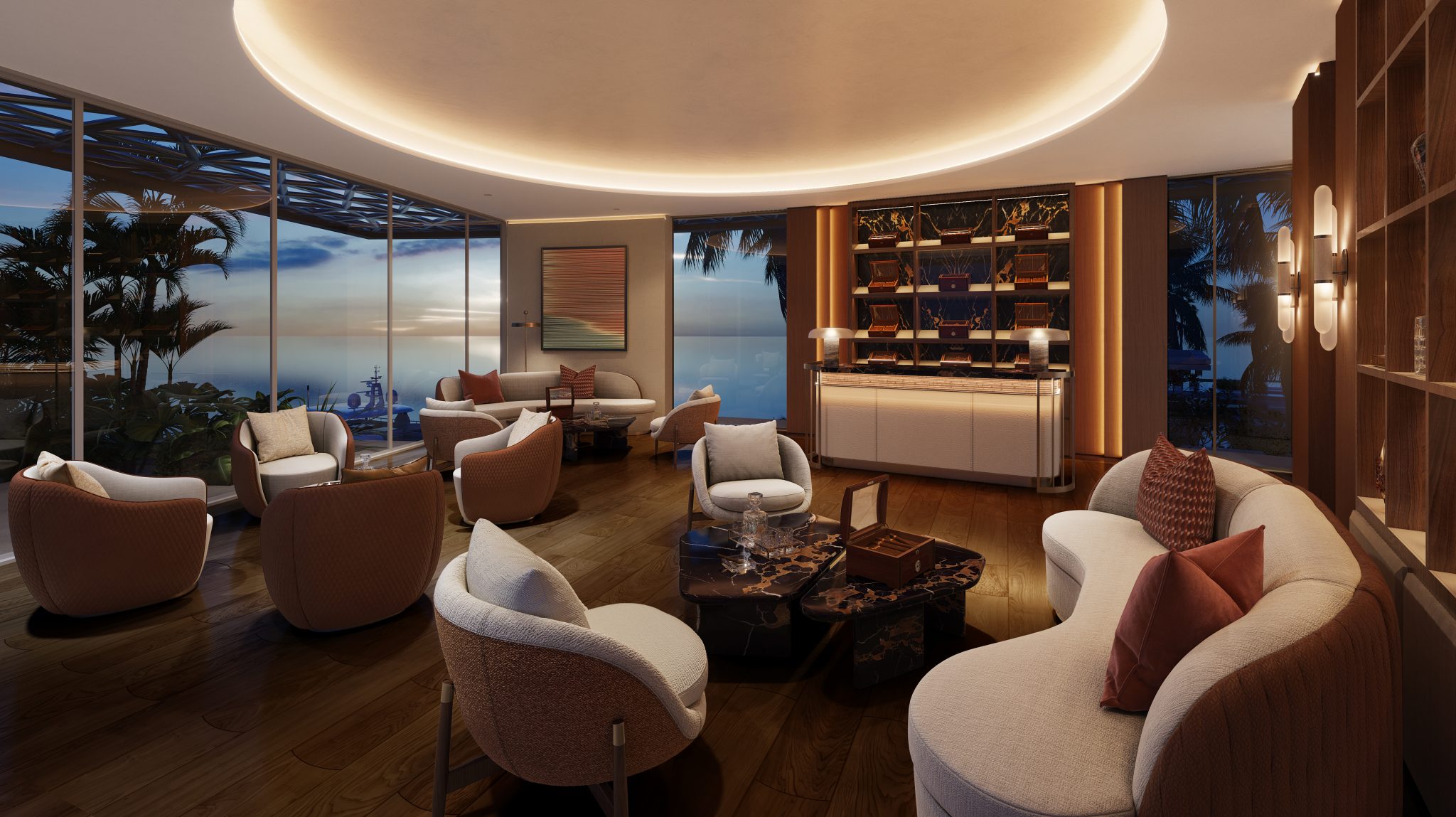 Luxurious open-concept living room with marble dining table, chic chairs, palm trees outside large windows, and a view of Dubai's skyline across the water.