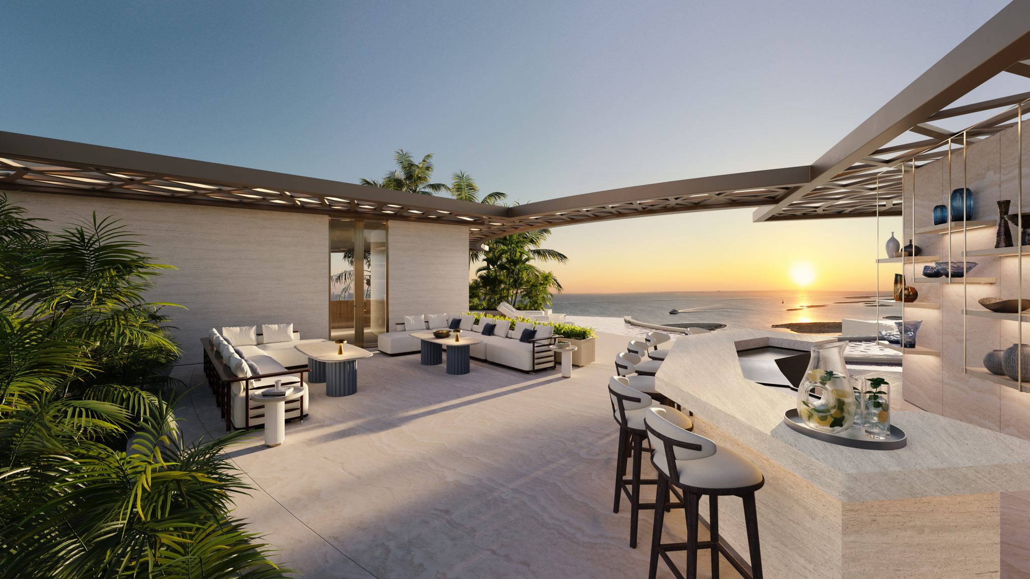 Luxurious open-concept living room with marble dining table, chic chairs, palm trees outside large windows, and a view of Dubai's skyline across the water.