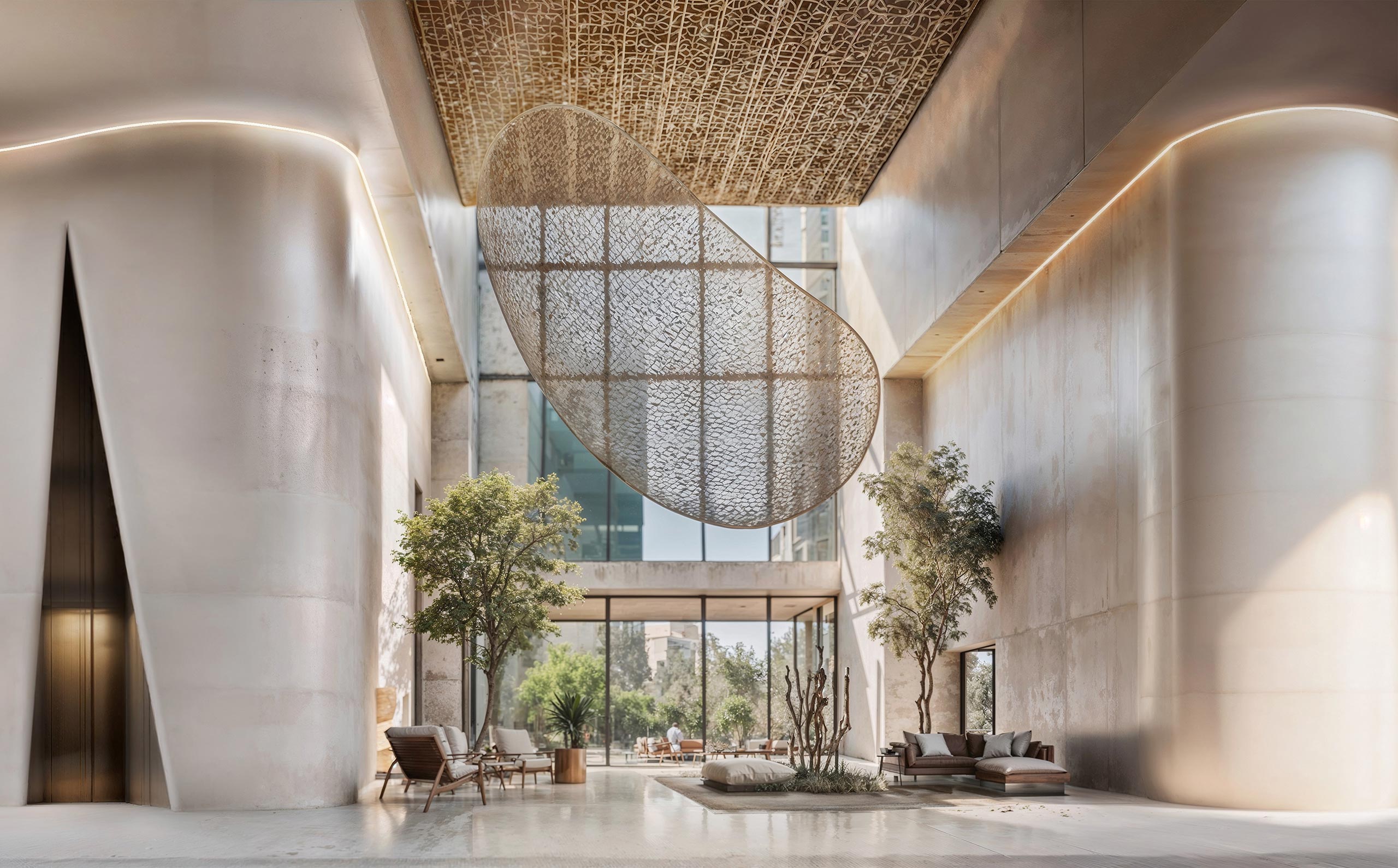 Spacious modern atrium with high ceiling, featuring a large, abstract hanging sculpture, tall indoor trees, lounge chairs, and expansive glass windows, creating a serene atmosphere.