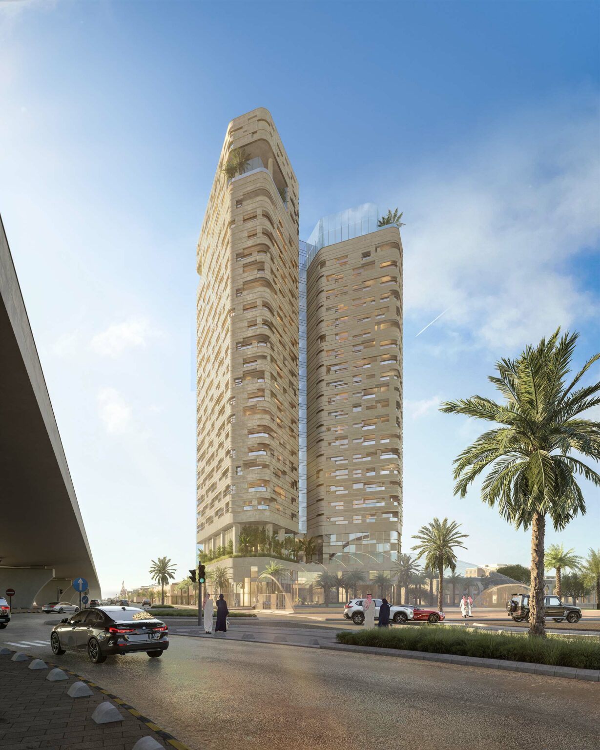 AREIC Tower exterior, featuring a modern, twin-tower skyscraper with a wavy, textured facade stands under a clear blue sky. Palms line the foreground, and cars and people pass by.