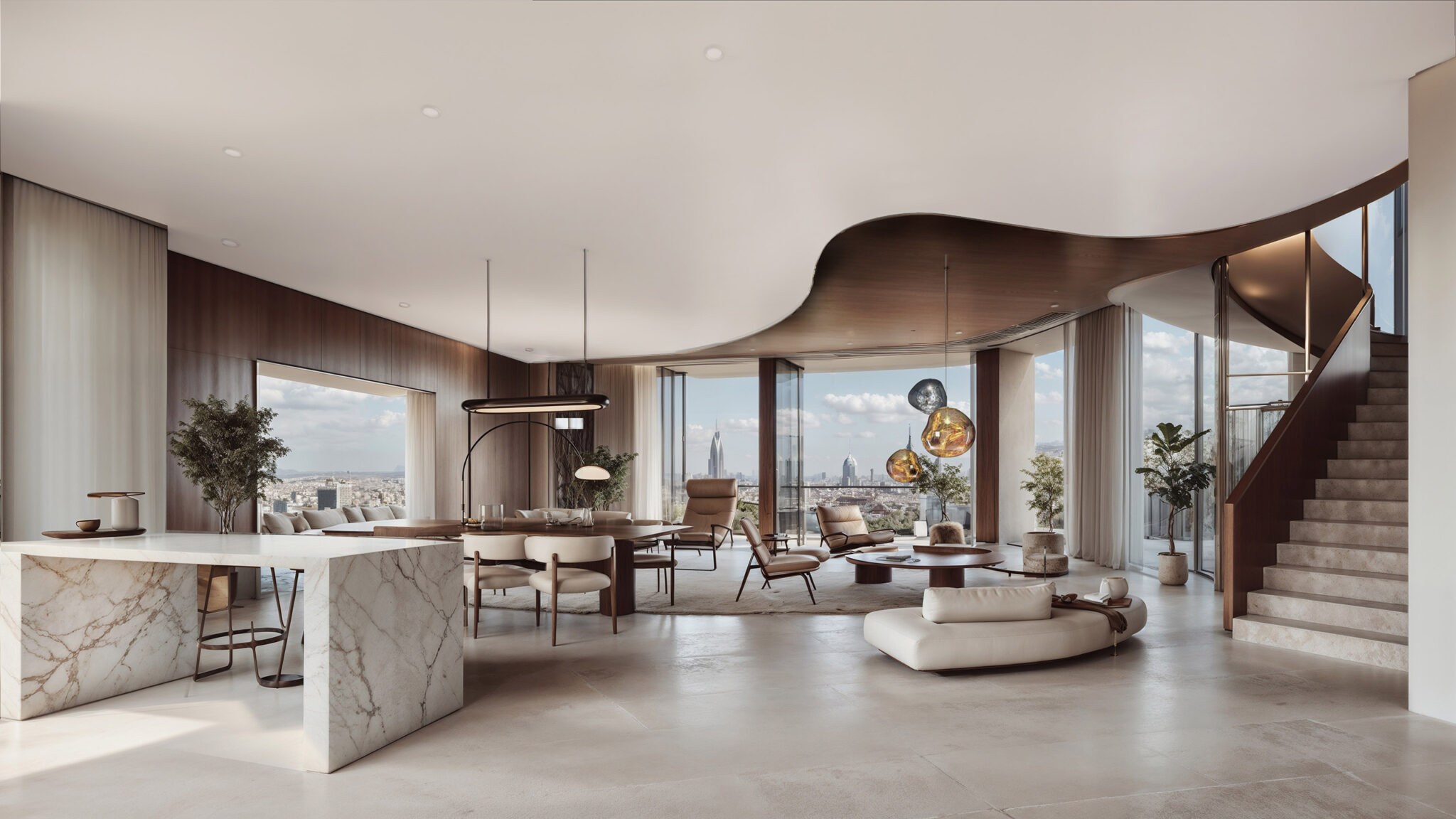 Luxurious open-concept living room with a city skyline view, modern decor, curved wooden ceiling, marble accents, and cozy seating, exuding elegance.