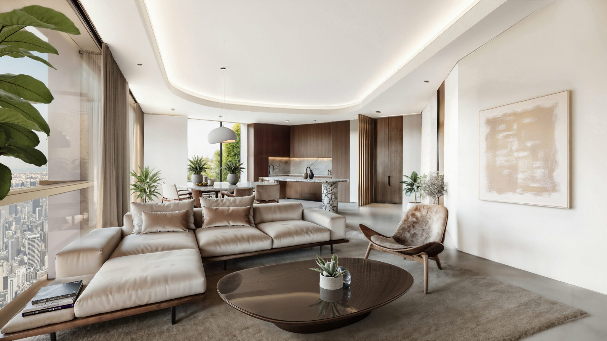 Modern living room with a beige sectional sofa, sleek coffee table, and minimalist decor. An open kitchen with wooden accents in the background, exudes calm elegance.
