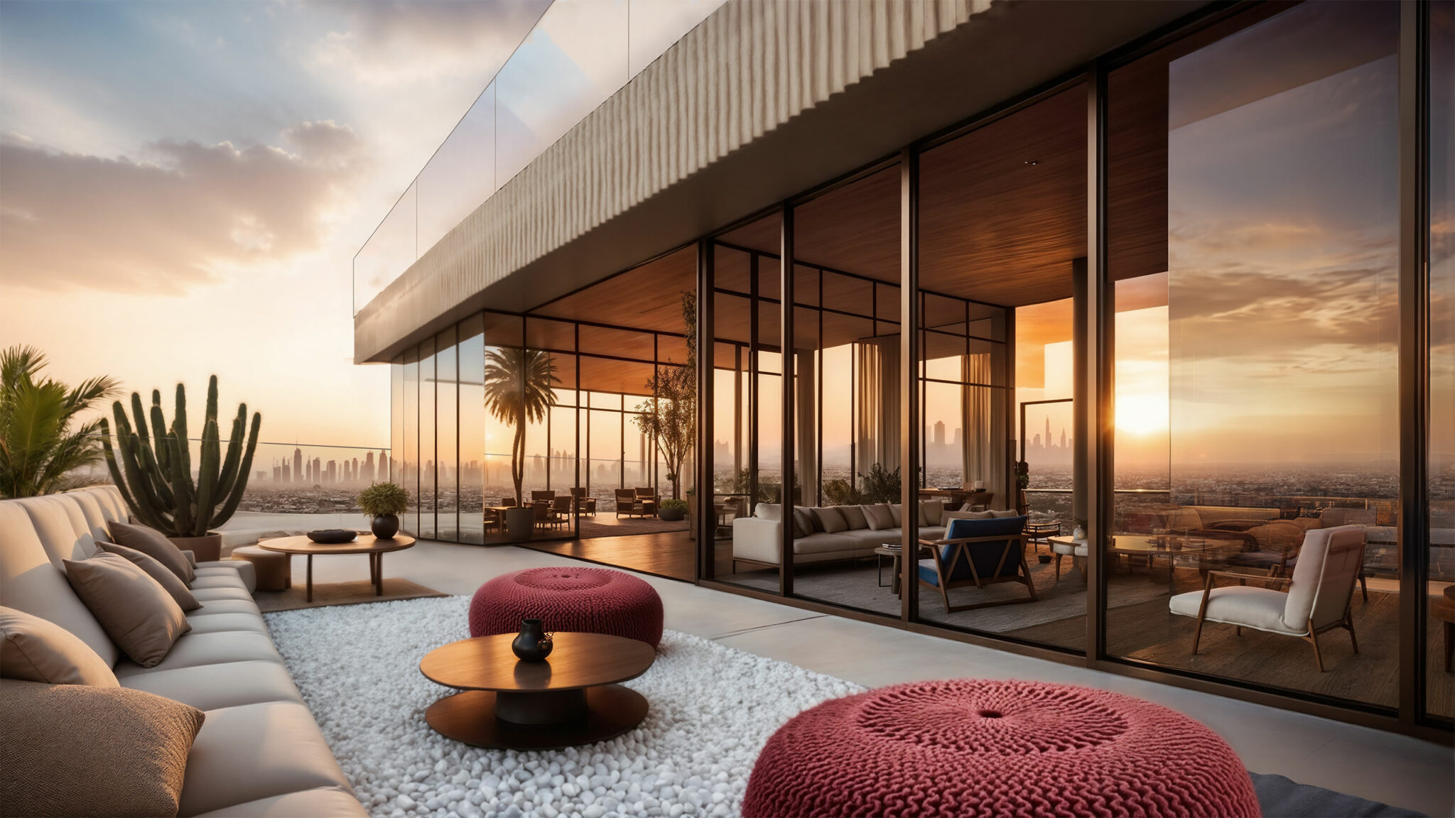 Modern terrace with plush seating, red ottomans, and tables, overlooking a city skyline at sunset. Glass walls reveal a stylish interior, creating a serene ambiance.
