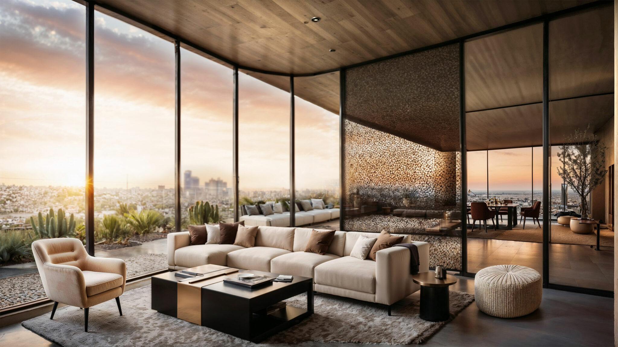 Modern living room with floor-to-ceiling windows showcasing a sunset city view. Features a beige sectional sofa, black coffee table, and cozy chairs. Elegant, serene ambiance.