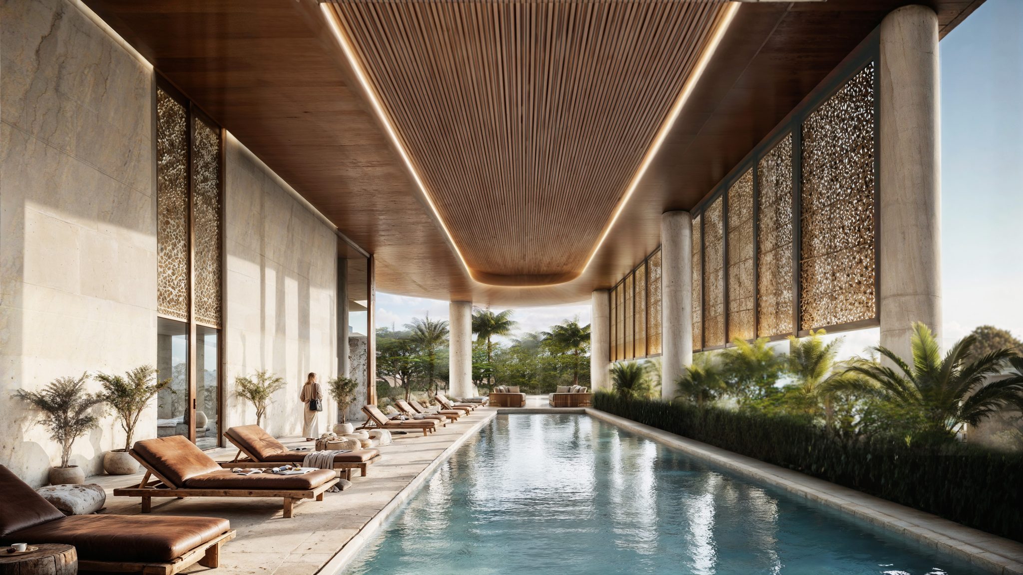Luxurious indoor pool with lounge chairs and potted plants, under a wooden ceiling. Sunlight filters through decorative screens, creating a serene ambiance.
