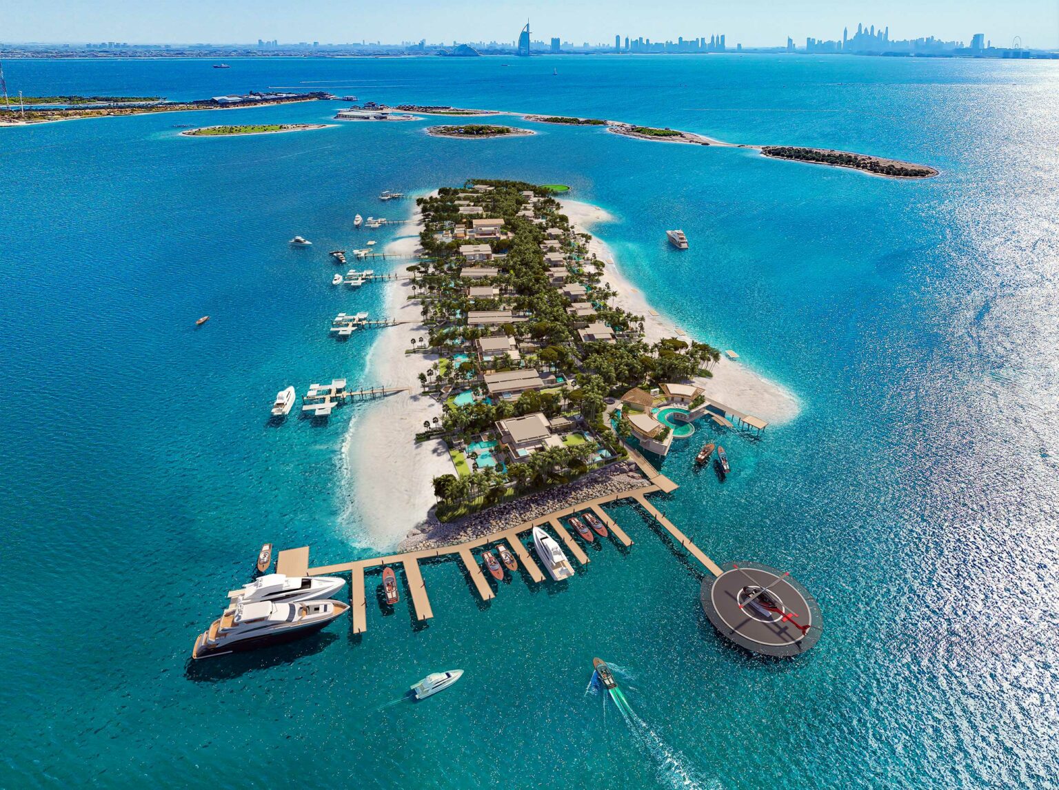 Aerial view of a Amali Islands Dubai with villas, palm trees, and sandy beaches surrounded by turquoise waters. Yachts are docked at wooden piers, conveying a serene, tropical paradise vibe.
