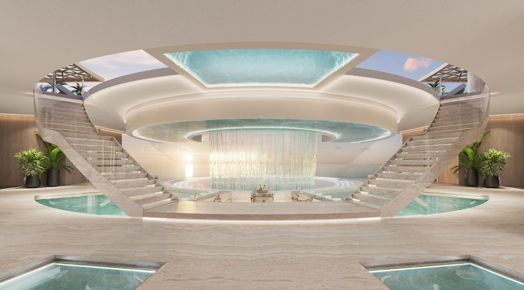 Luxurious clubhouse arrival featuring a circular pool beneath a glass ceiling. Symmetrical staircases flank a cascading water feature, evoking a serene ambiance.
