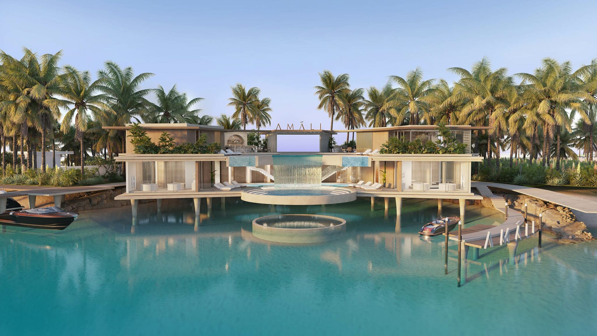 Amali Islands Dubai Clubhouse exterior. Luxurious waterfront villa with modern design, surrounded by palm trees. Features multi-level decks, an infinity pool, and a serene ambiance.
