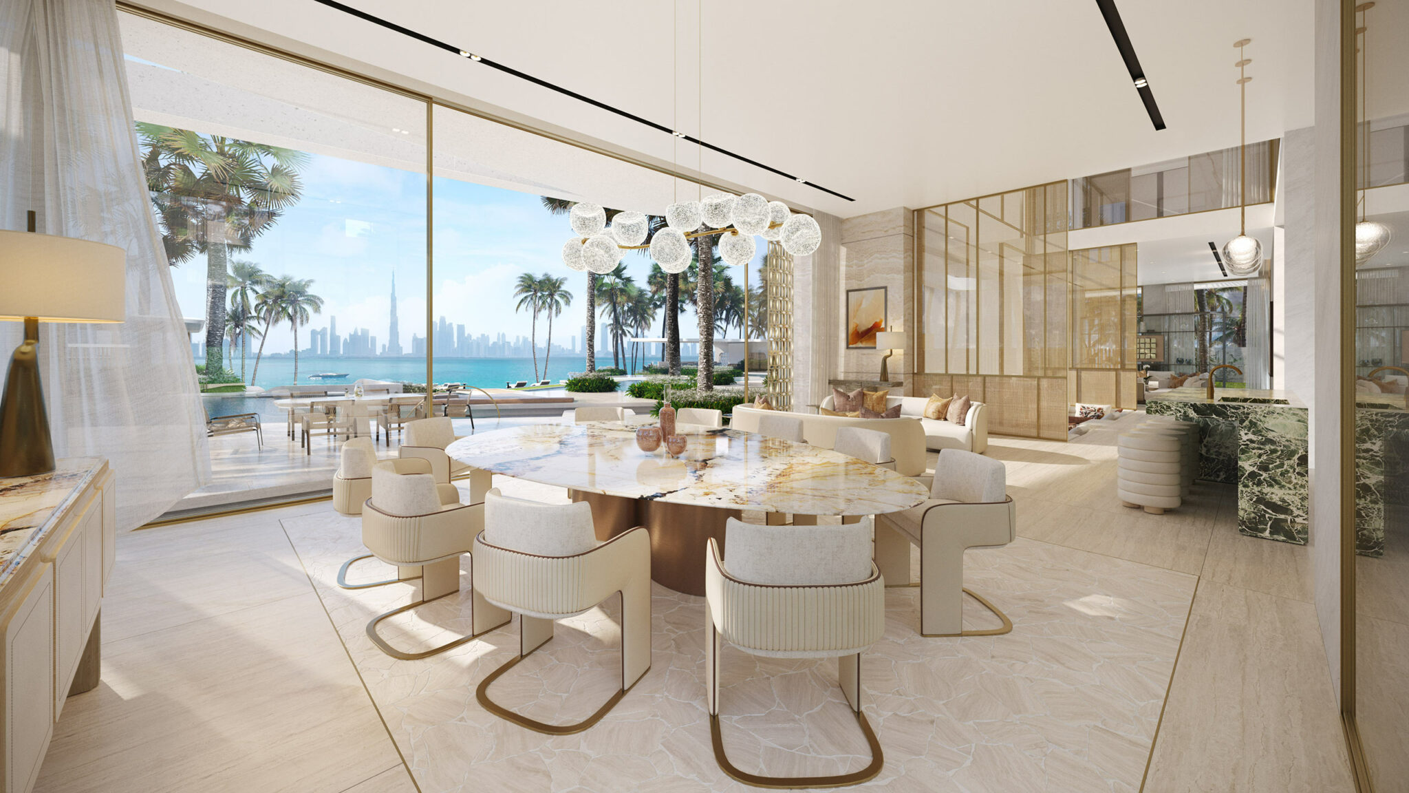 Luxurious open-concept living room with marble dining table, chic chairs, palm trees outside large windows, and a view of Dubai's skyline across the water.