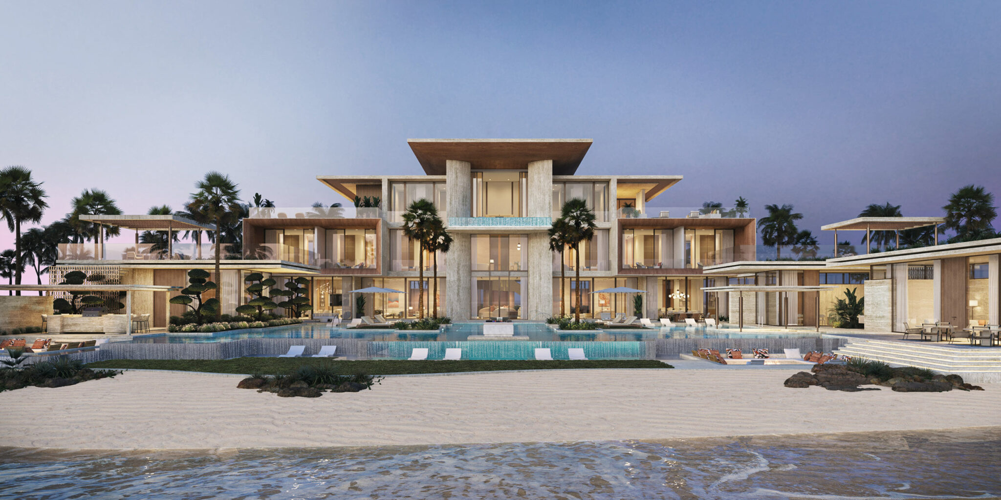 Exterior of Amali Islands Dubai Doll House. Luxurious beachfront villa at twilight with modern architecture, palm trees, and an inviting infinity pool. Elegant and serene atmosphere.