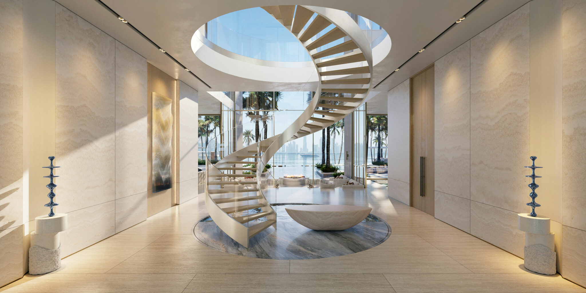 A modern residential entrance with a dramatic spiral staircase under a skylight. The space is filled with natural light, highlighting elegant decor and palm trees outside.