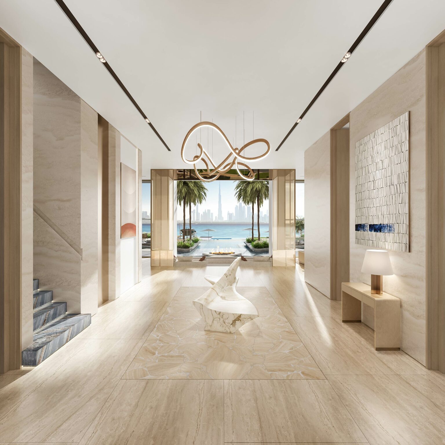 Luxurious lobby with marble floors, modern sculpture, and artistic chandelier. Large windows reveal palm trees, a pool, and Dubai's skyline view. Airy, elegant ambiance.