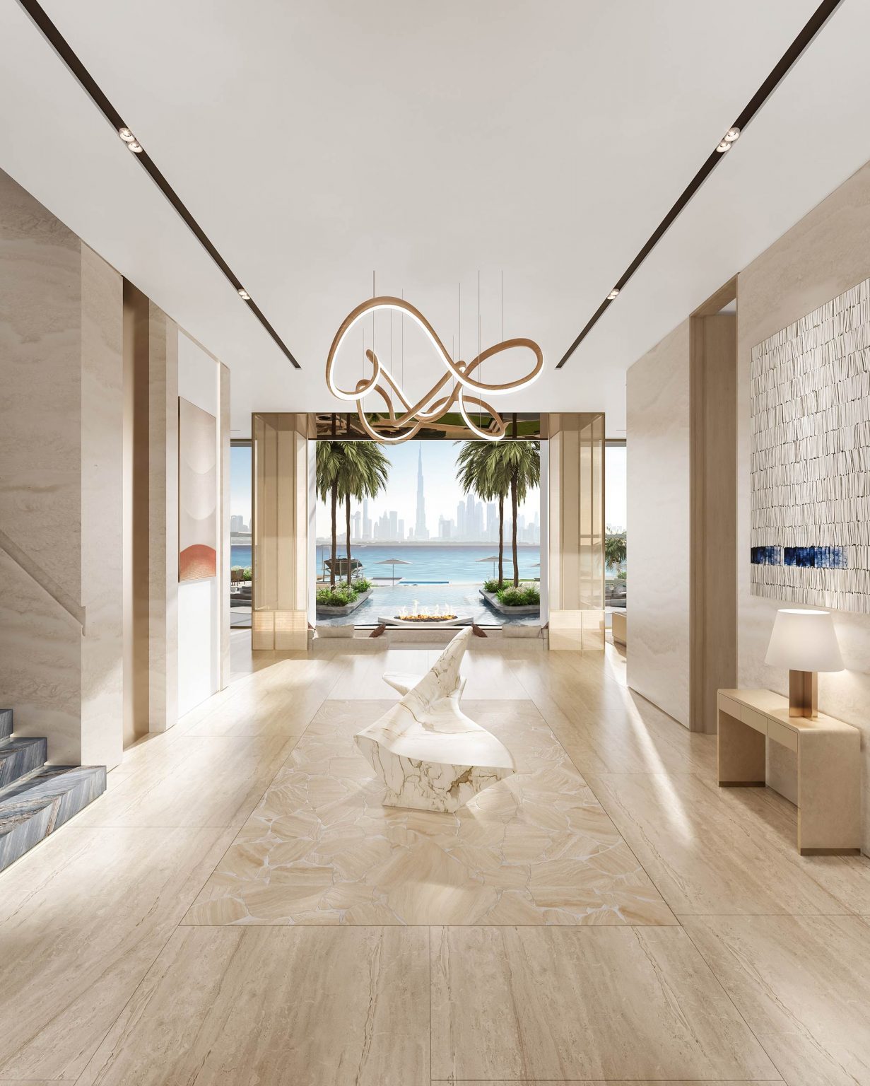 Luxurious lobby with marble floors, modern sculpture, and artistic chandelier. Large windows reveal palm trees, a pool, and Dubai's skyline view. Airy, elegant ambiance.