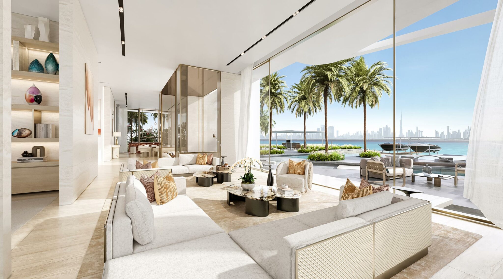 Luxurious, open-plan living room with modern decor, cream sofas, and large windows overlooking a tropical garden, palm trees, the sea, and Dubai's skyline.