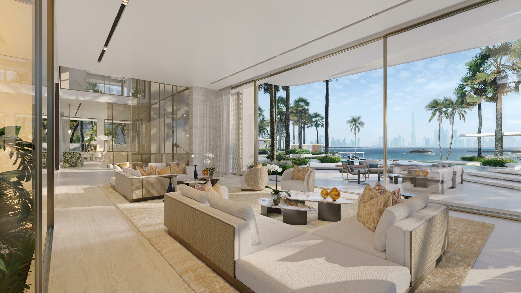 uxurious, open-plan living room with modern decor, cream sofas, and large windows overlooking a tropical garden, palm trees, the sea, and Dubai's skyline.