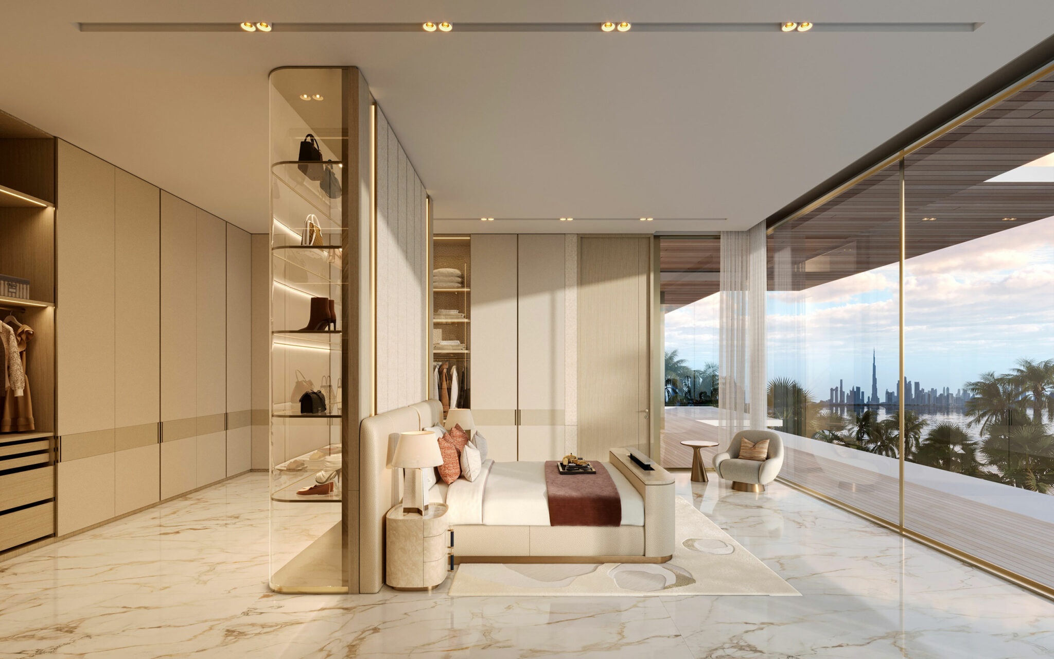 Luxurious bedroom with neutral tones, marble floors, and a glass wall overlooking Dubai's skyline. Cozy bed, elegant decor, and a serene ambiance.