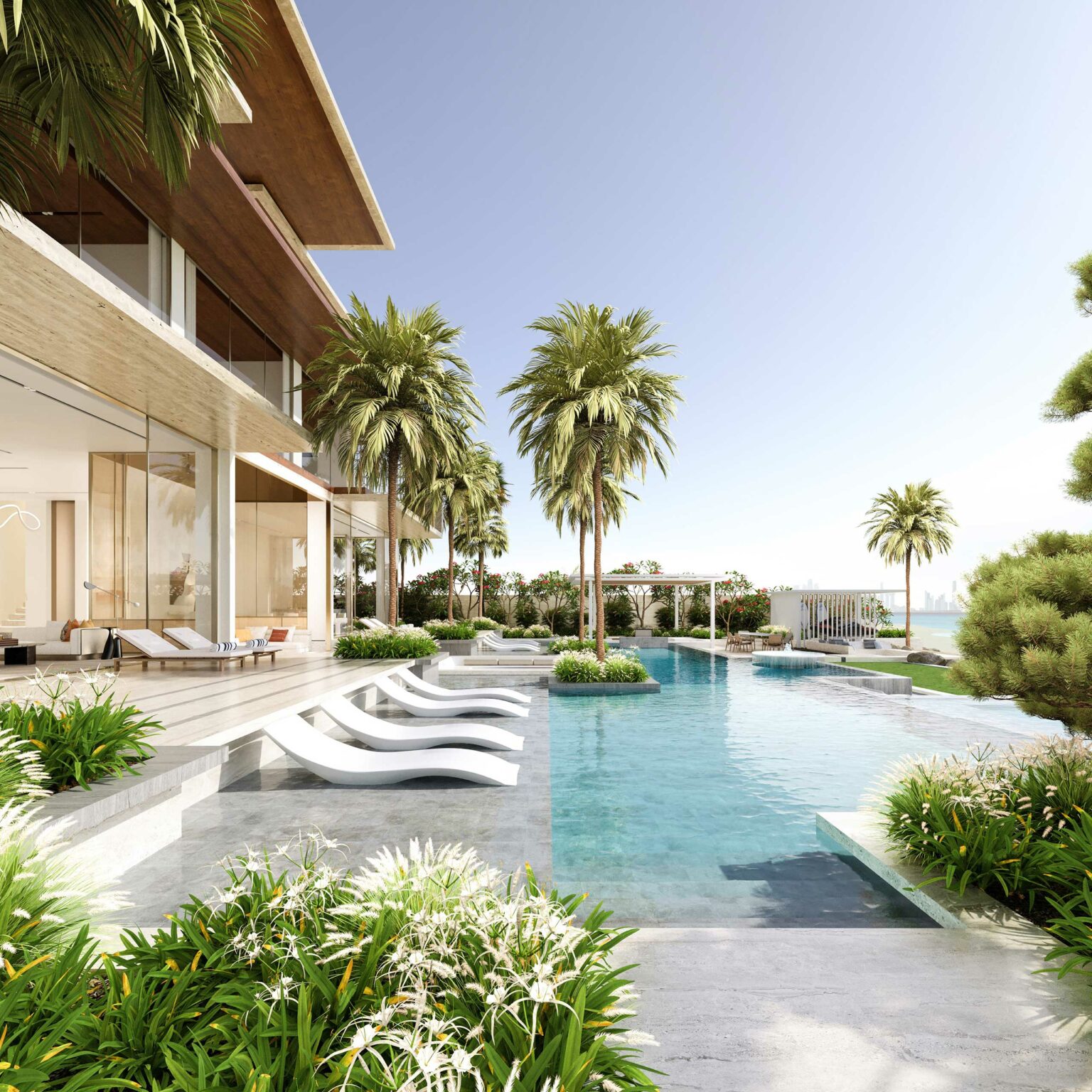 Luxurious modern villa with large glass windows, surrounded by palm trees and a serene pool with loungers. Bright, tranquil, and inviting atmosphere.