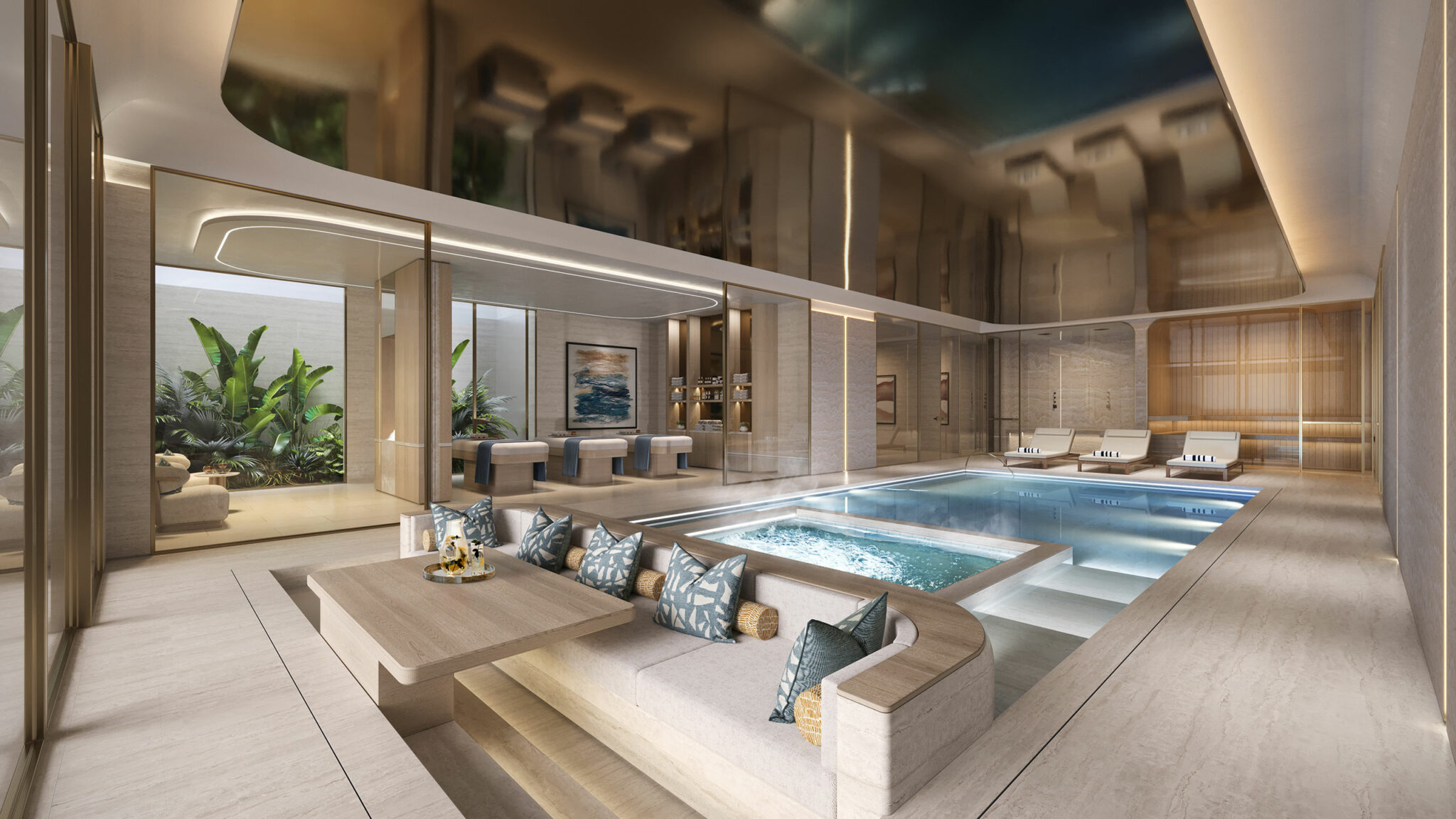 Luxurious indoor pool area with modern decor, featuring a sleek pool, elegant seating with plush cushions, a small garden, and subdued lighting. Serene ambiance.
