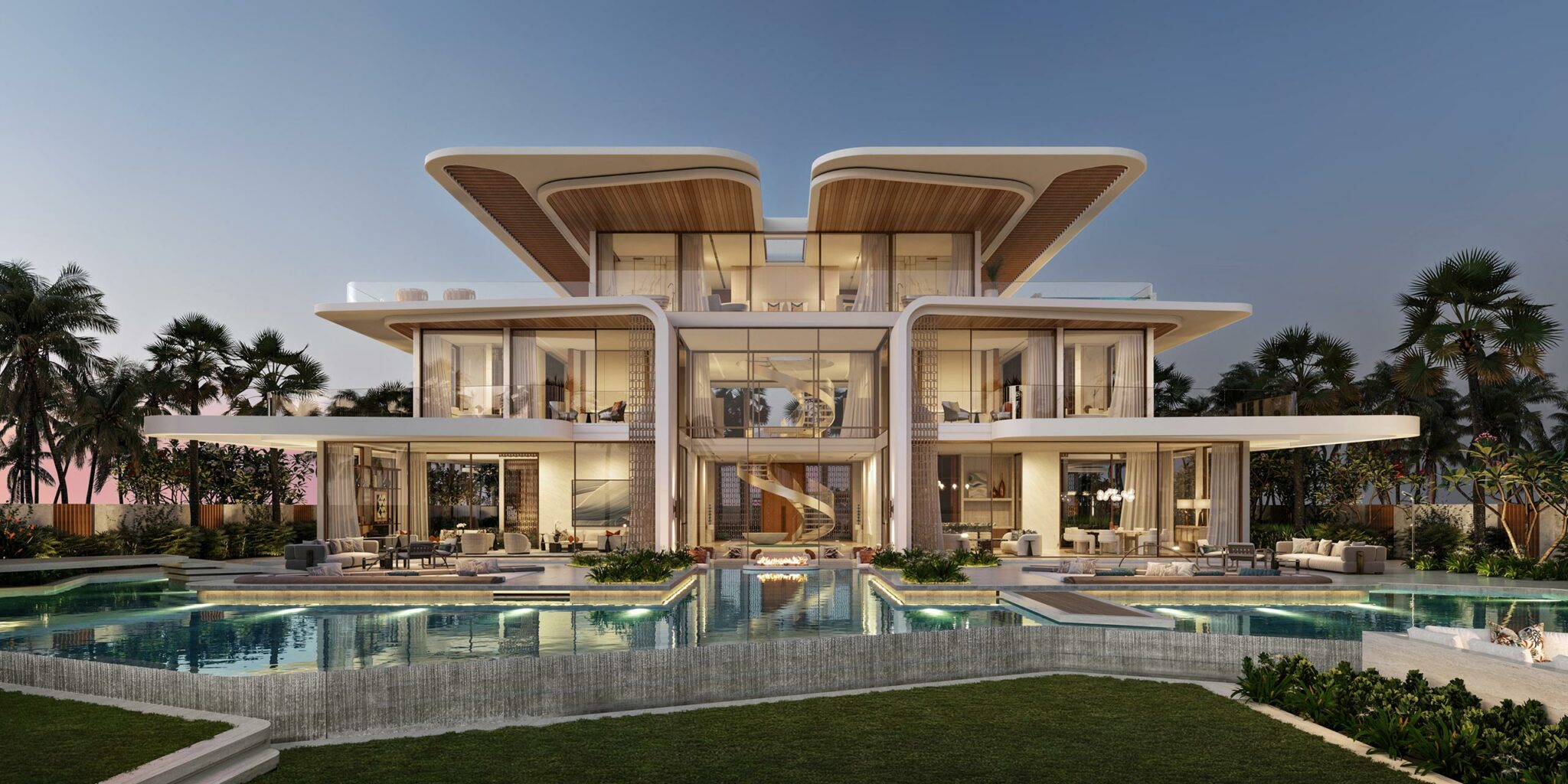 Exterior of Amali Islands Dubai. Modern luxury mansion at dusk, featuring sleek architecture, expansive glass windows, and multiple balconies. Surrounded by a large pool and lush greenery.
