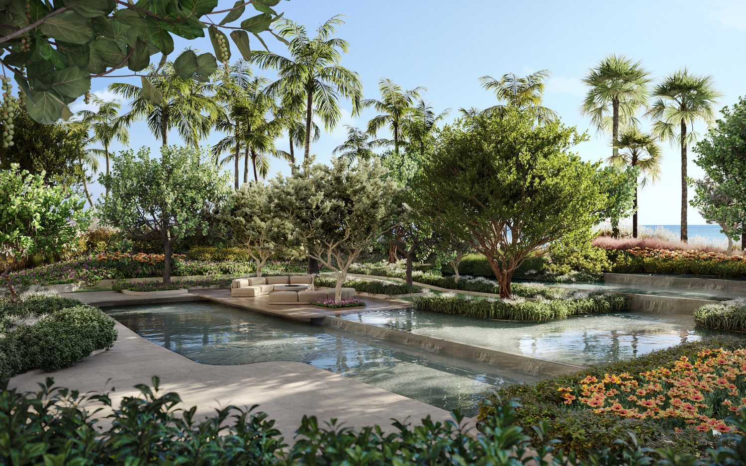 Inspired by organic elements such as carved sea forms, stones, and native flora, the spaces reflect a harmonious balance between the natural world and human touch.