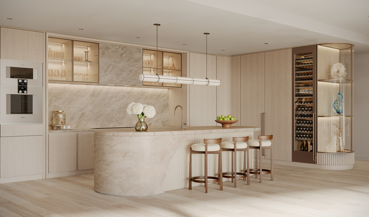 Inspired by organic elements such as carved sea forms, stones, and native flora, the spaces reflect a harmonious balance between the natural world and human touch.