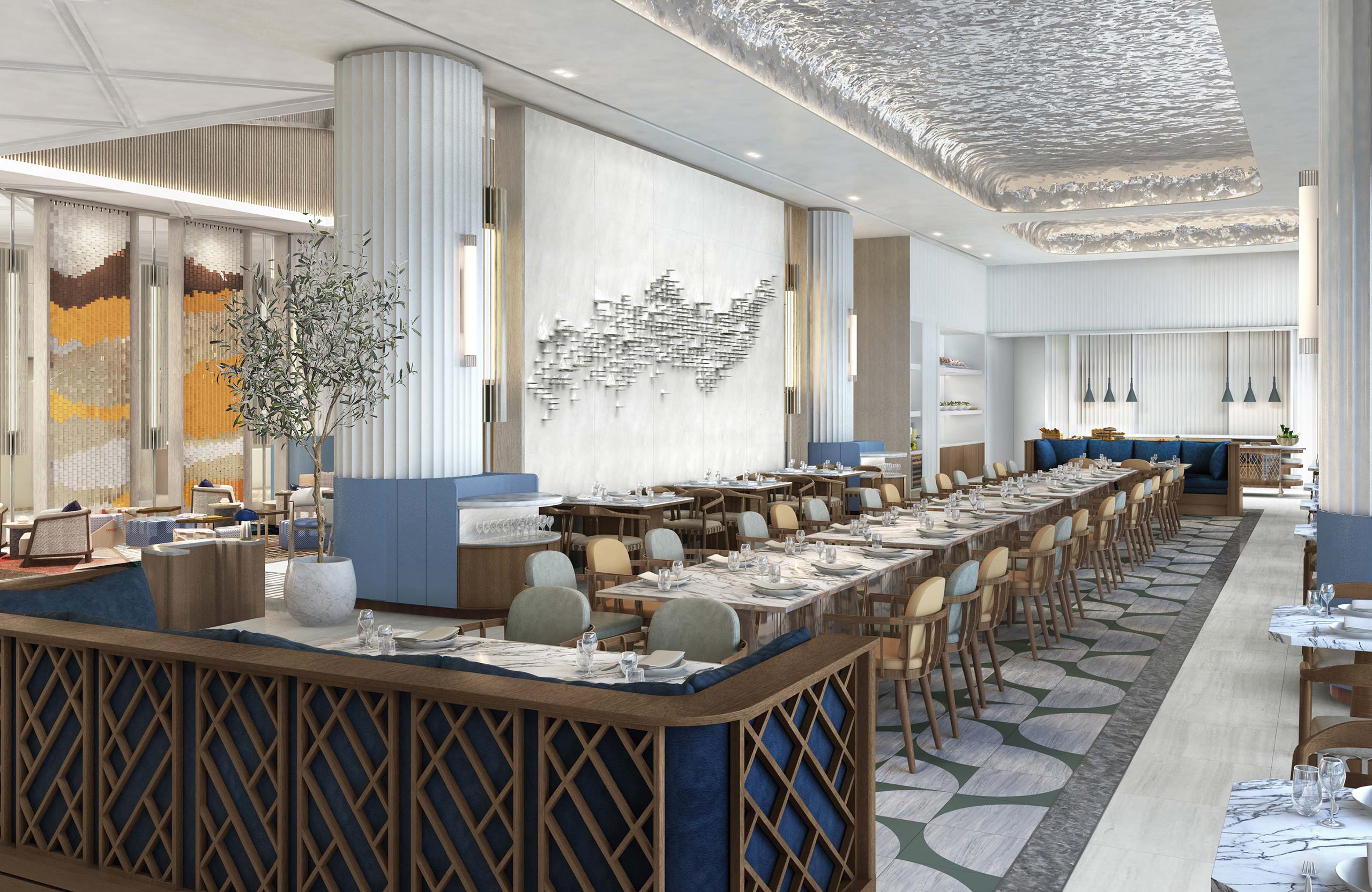 Modern hotel all day dining with elegant decor, featuring long dining tables set with glasses and cutlery. A sculptural wall art and soft lighting create a sophisticated ambiance.