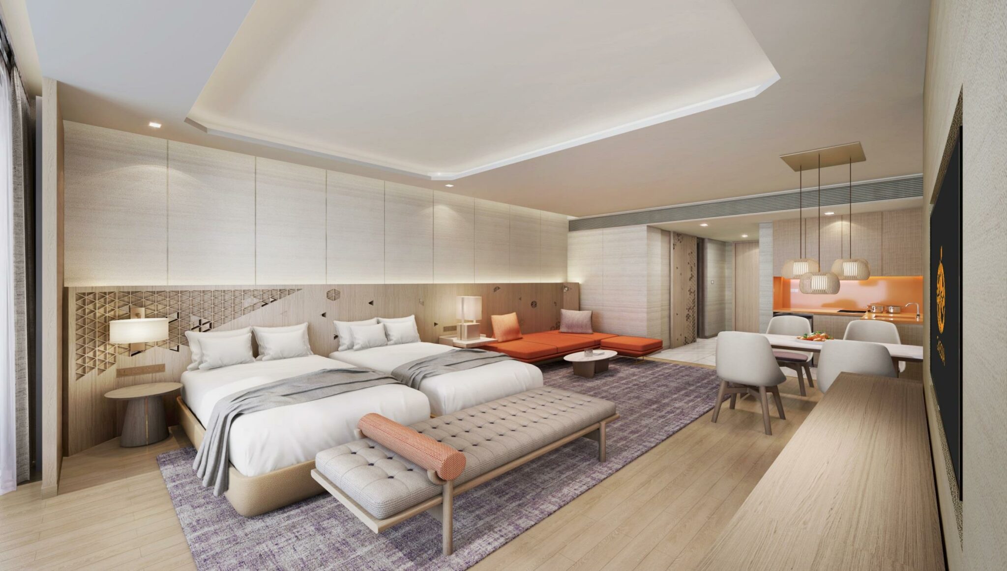 Modern hotel room with two beds, elegant gray bench, and orange seating area. Neutral tones, soft lighting, and stylish decor create a relaxing ambiance.