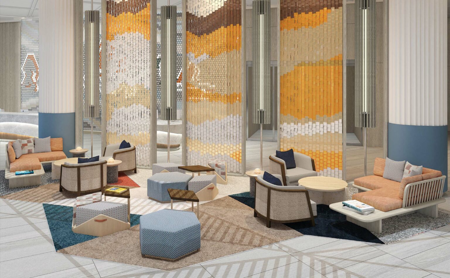 Modern hotel lounge with hexagonal stools, plush chairs, and couches in neutral tones. Colorful woven partitions divide the space, creating a warm ambiance.