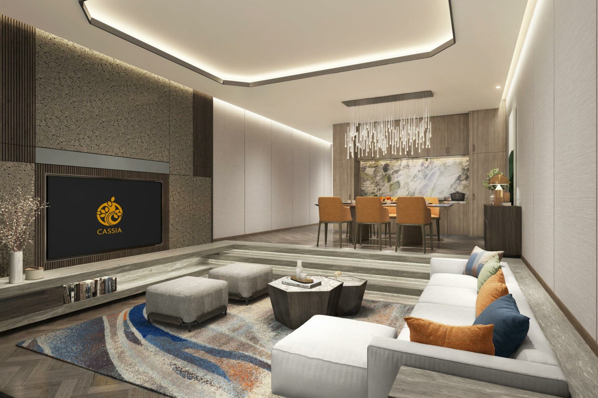 Modern living room with sleek design, featuring a large TV, cozy white sectional, colorful cushions, and elegant dining area with a chandelier.