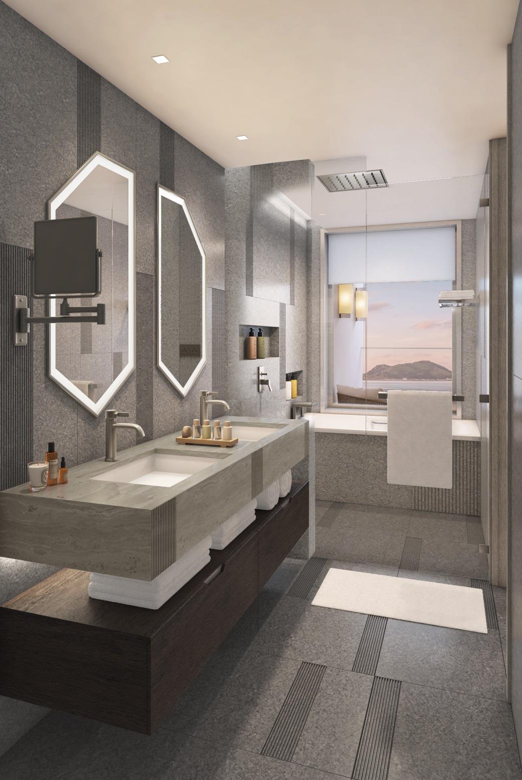 Modern guest bathroom with sleek design, featuring a double sink with geometric mirrors, a bathtub beside a large window, and neutral tones for a calming feel.
