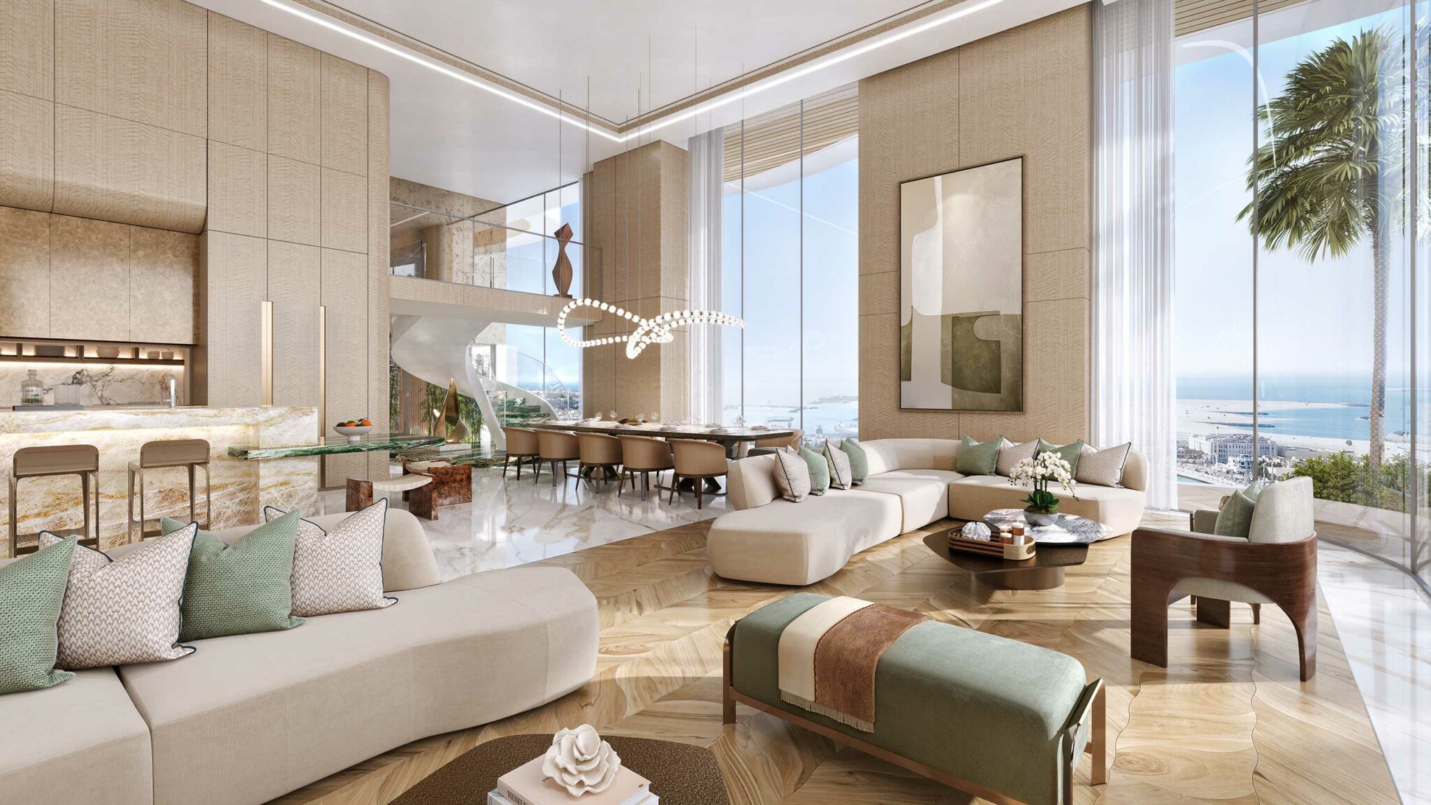 Luxurious open-plan living space with modern furniture, large windows showcasing an ocean view, neutral tones, and elegant decor. Tranquil and sophisticated ambiance.
