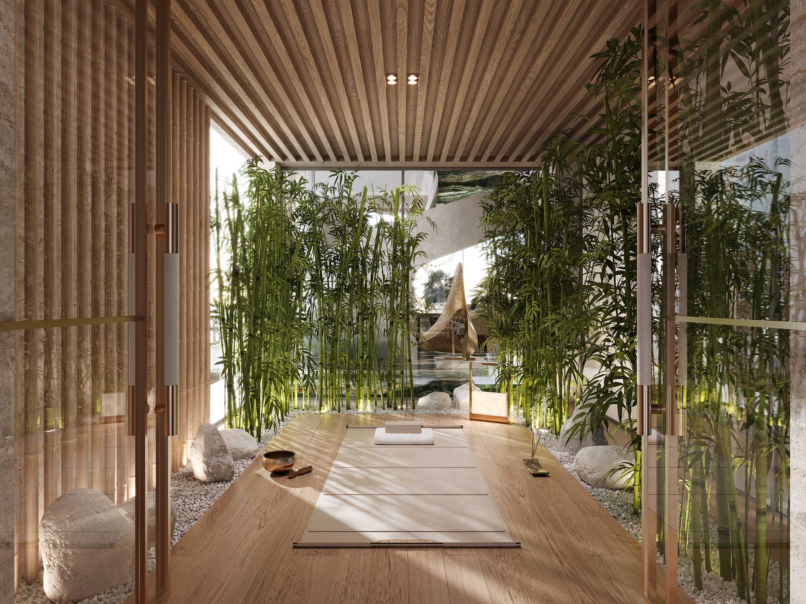 A serene home yoga room with bamboo plants lining glass walls, a wooden floor, and a yoga mat. Natural light creates a calming, zen atmosphere.