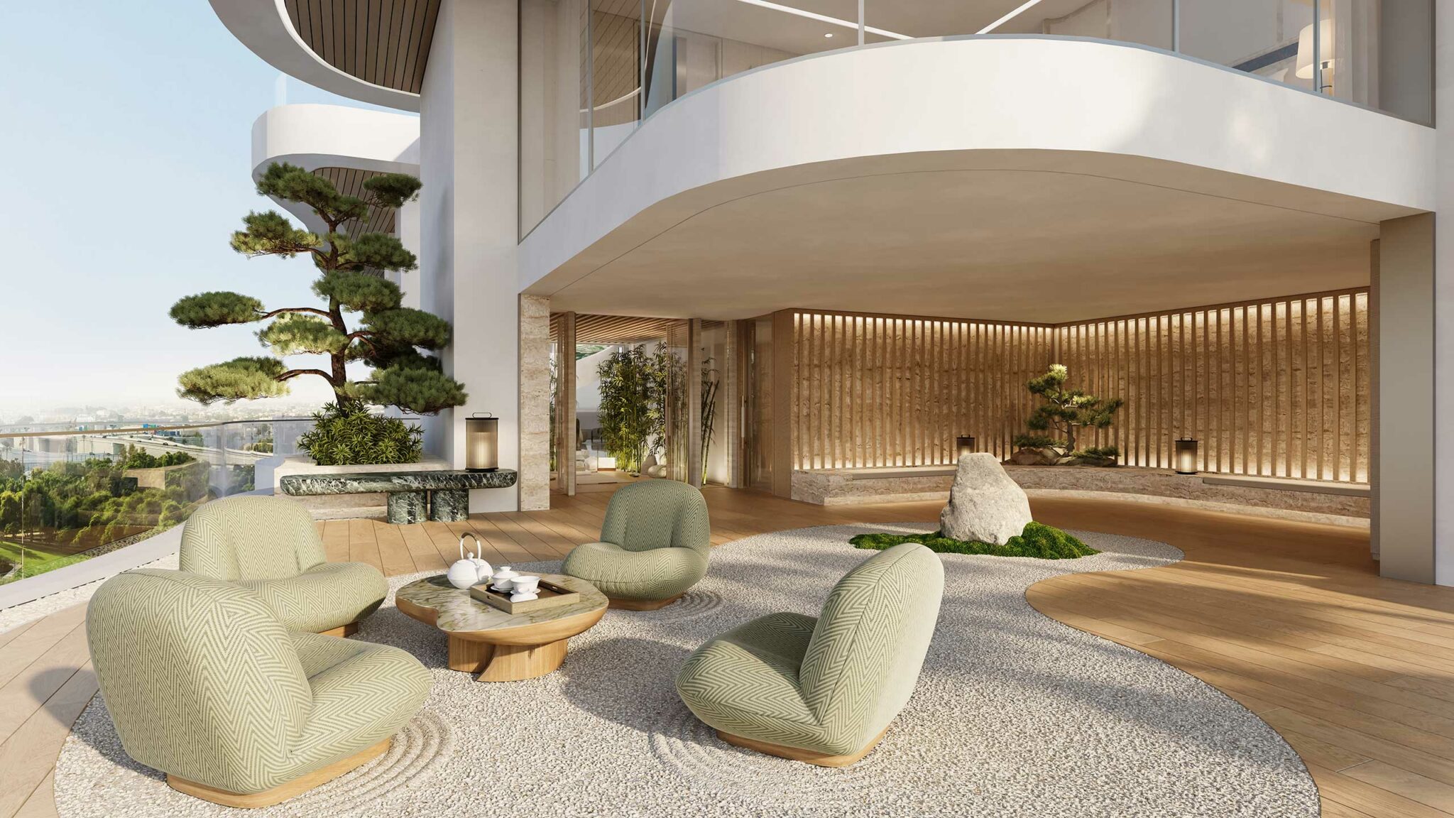 Outdoor patio featuring modern, cushioned chairs and a round wooden table on pebbles. Bonsai trees and curved architecture create a serene, elegant vibe.
