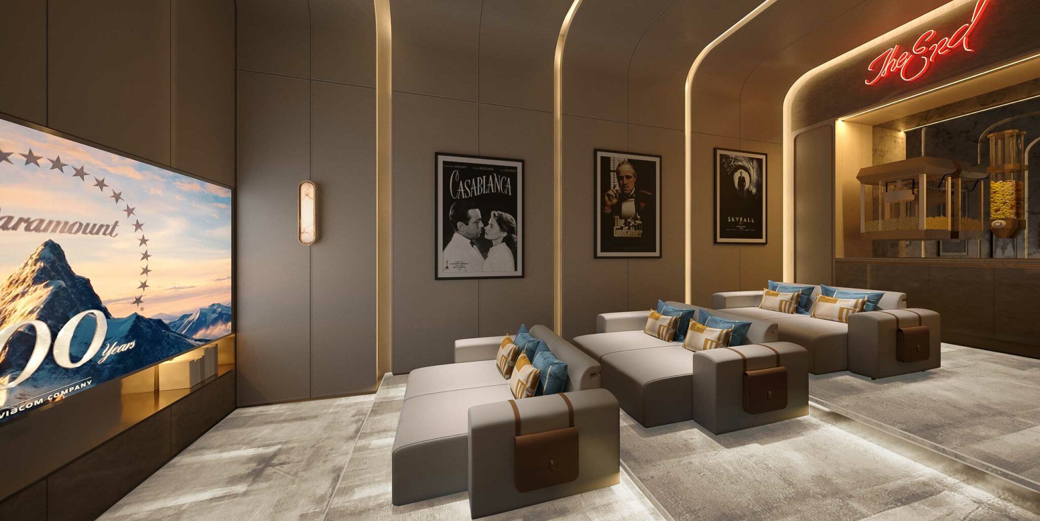 Luxurious home theater with plush seating, a large screen displaying a Paramount logo, and classic movie posters. Warm lighting creates an inviting ambiance.