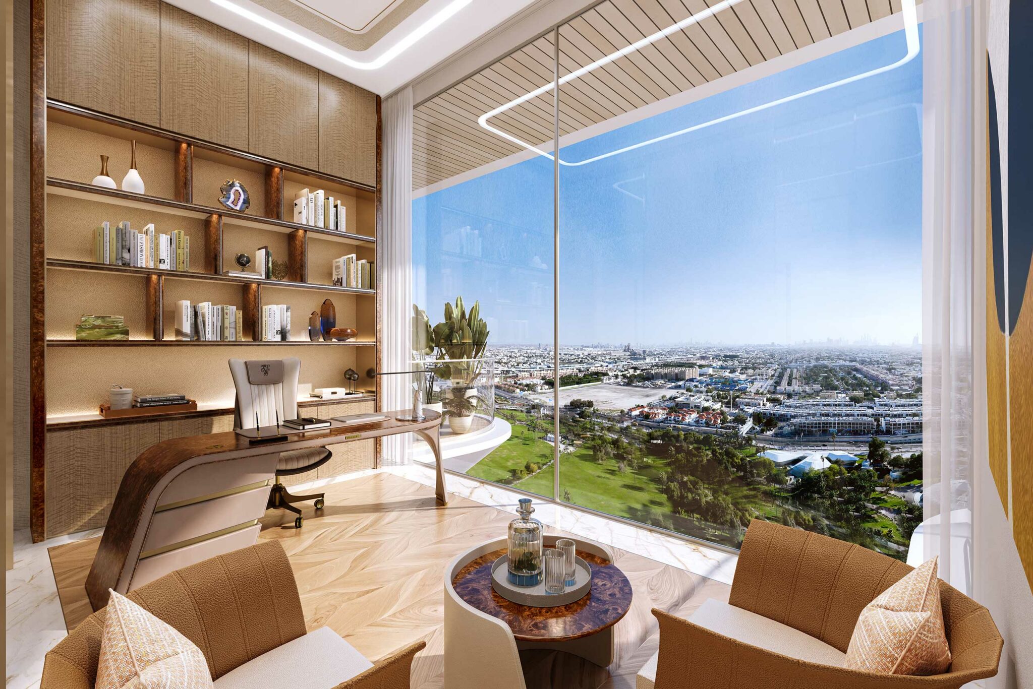 Modern study with wooden shelves, sleek desk, and glass walls showcasing a panoramic city view. Warm tones and natural light create a tranquil atmosphere.