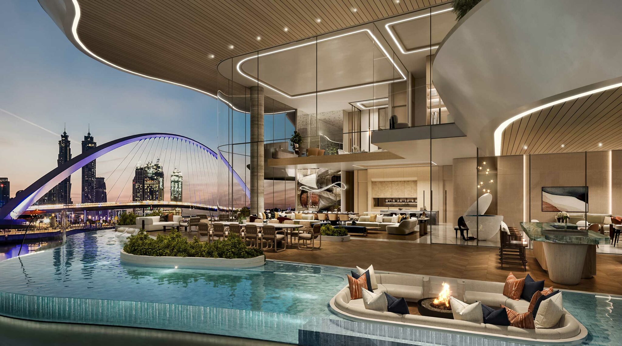 Luxurious open-plan living space with modern furnishings, a cozy fire pit, and a curved pool. Floor-to-ceiling windows showcase a cityscape and arch bridge at dusk, creating a sophisticated and tranquil atmosphere.