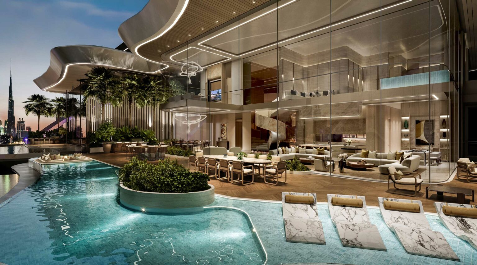 Luxurious modern villa with a large glass facade, pool, and elegant lounge chairs. Night scene, warm lighting, lush plants, and cityscape view.
