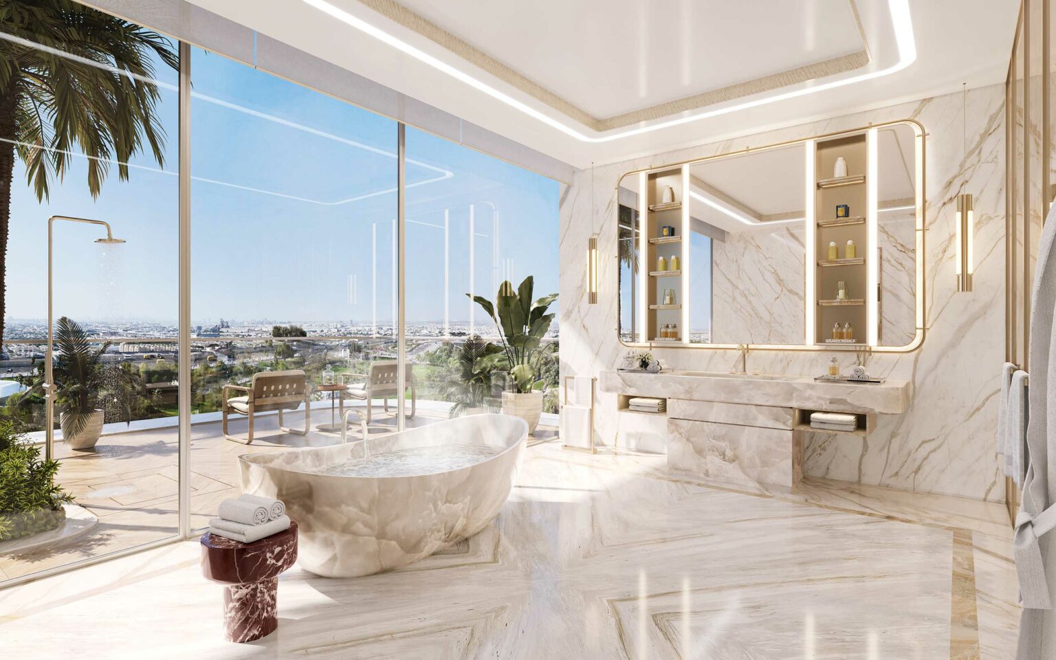 Luxurious marble bathroom with a freestanding bathtub, elegant double vanity, large mirror, and floor-to-ceiling windows overlooking a scenic view.